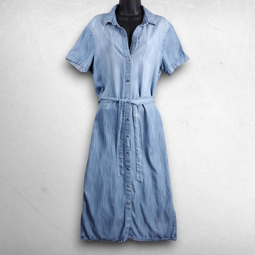 Women's Light Blue Button-Front Shirt Dress with Waist Tie